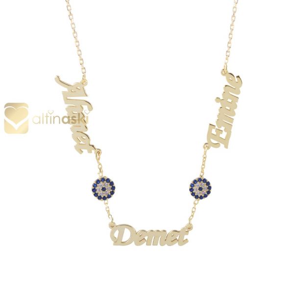 3 İsimli Nazar Boncuklu Altın Kolye FYA118 - Altınaşkı