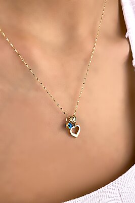 Altınaşkı Aynalı Zincirli Göz Boncuklu Kalp Altın Kolye 14KLY2314 - 2