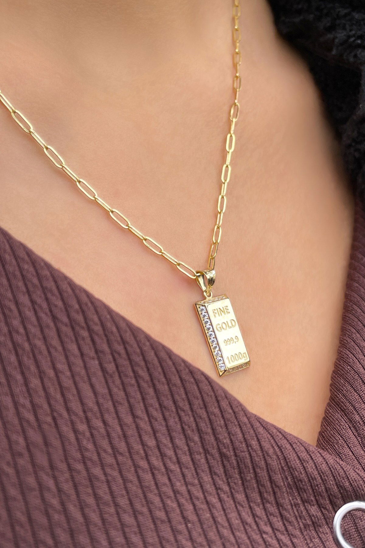 Ataş Zincirli Taşlı Külçe Altın Kolye 14KLY5777 - 1