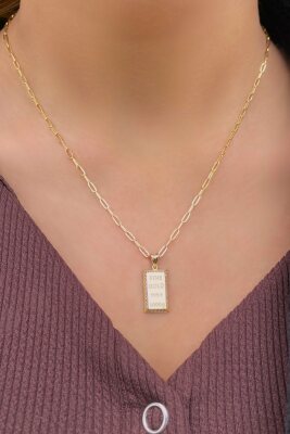 Ataş Zincirli Taşlı Külçe Altın Kolye 14KLY5777 - 2