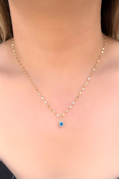 Aynalı Zincir Göz Boncuklu Altın Kolye 14KLY4570 - Altınaşkı