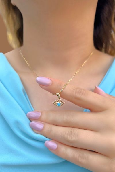 Aynalı Zincir Kirpik Altın Kolye 14KLY8543 - Altınaşkı