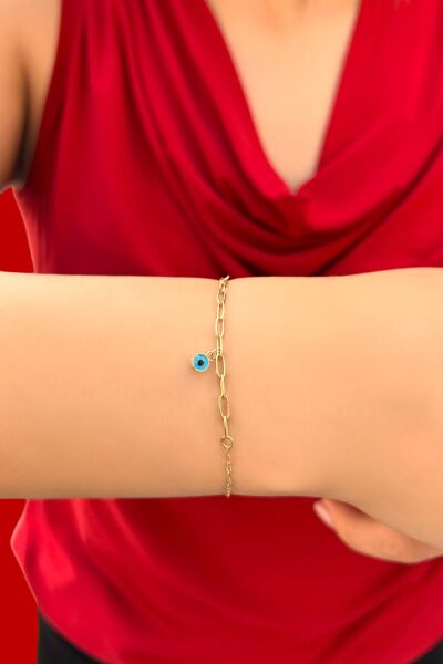 Aynalı Zincirli Ataşlı Göz Boncuklu Altın Bileklık 14KNY4554 - Altınaşkı