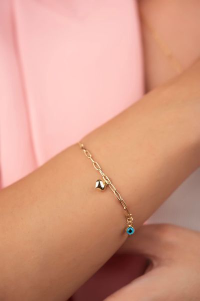 Aynalı Zincirli Ataşlı Kalp Altın Bileklık 14KNY4551 - Altınaşkı