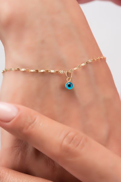 Aynalı Zincirli Göz Boncuklu Altın Bileklik 14KNY1583 - Altınaşkı