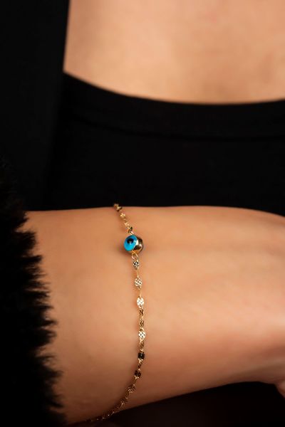 Aynalı Zincirli Göz Boncuklu Altın Bileklık 14KNY1639 - Altınaşkı