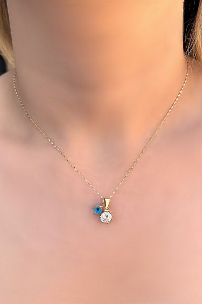 Aynalı Zincirli Göz Boncuklu Tektaş Altın Kolye 14KLY2754 - Altınaşkı