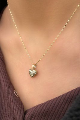 Aynalı Zincirli Kalemli Kalp Altın Kolye 14KLY5758 - 1