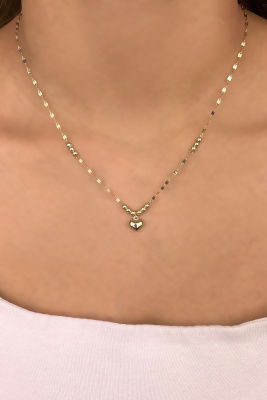 Aynalı Zincirli Kalp Altın Kolye 14KLY9340 - 1