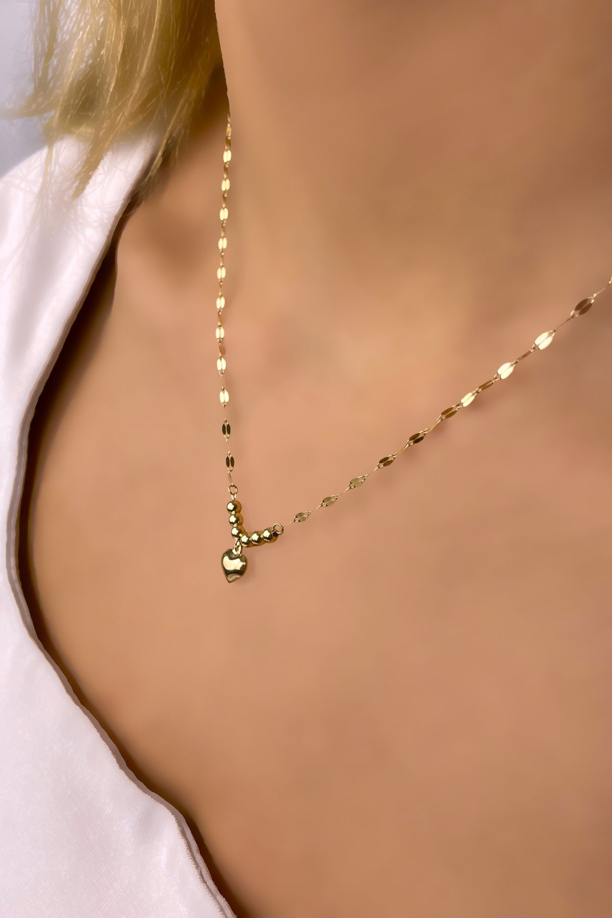 Aynalı Zincirli Kalp Altın Kolye 14KLY976 - 2