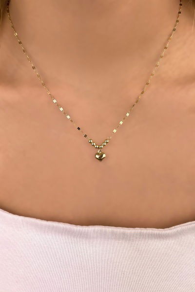 Aynalı Zincirli Kalp Altın Kolye 14KLY976 - Altınaşkı