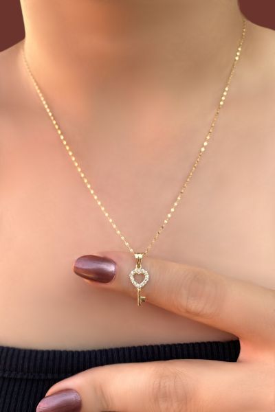 Aynalı Zincirli Kalp Anahtarı Altın Kolye 14KLY4576 - Altınaşkı