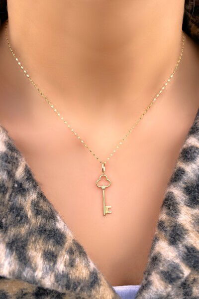 Aynalı Zincirli Kalp Anahtarı Altın Kolye 14KLY4658 - Altınaşkı