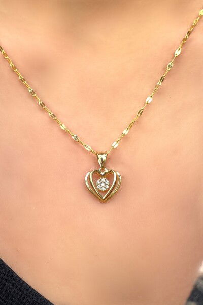 Aynalı Zincirli Kalp Uçlu Altın Kolye 14KLY9582 - Altınaşkı