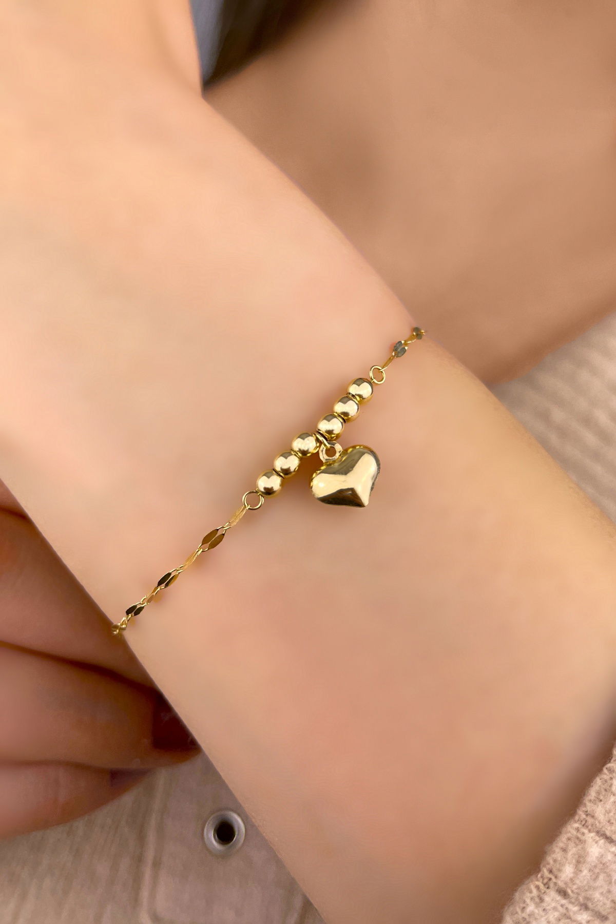 Aynalı Zincirli Kalpli Altın Bileklik 14KNY883 - 1