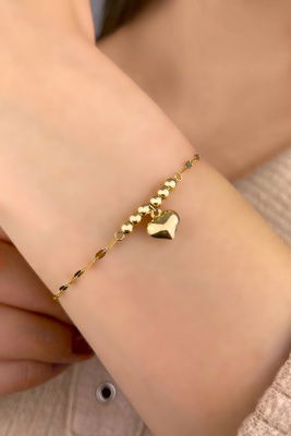 Aynalı Zincirli Kalpli Altın Bileklik 14KNY883 - 1