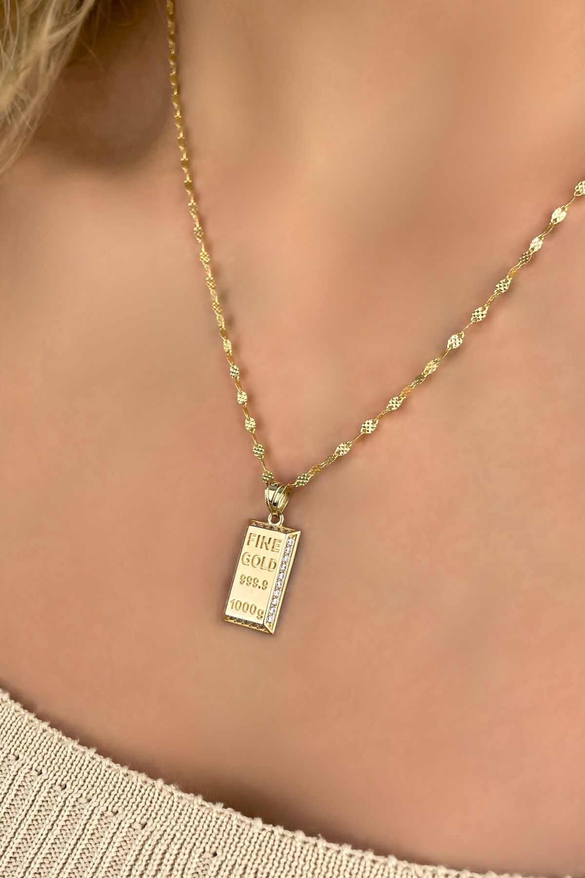 Aynalı Zincirli Külçe Altın Kolye 14KLY5644 - 1