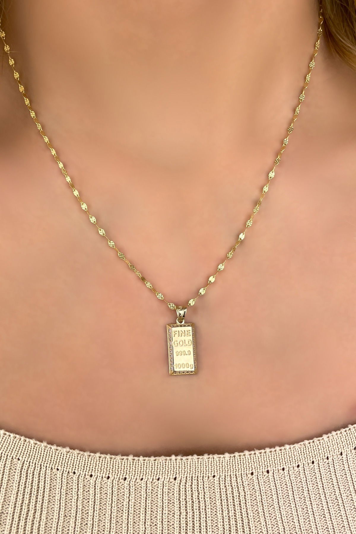 Aynalı Zincirli Külçe Altın Kolye 14KLY5644 - 2