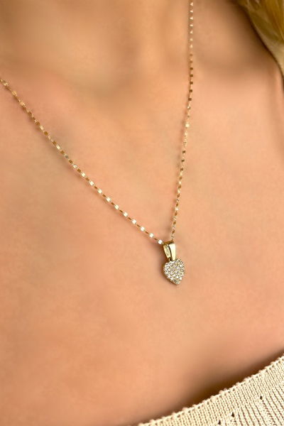 Aynalı Zincirli Taşlı Kalp Altın Kolye 14KLY8965 - Altınaşkı