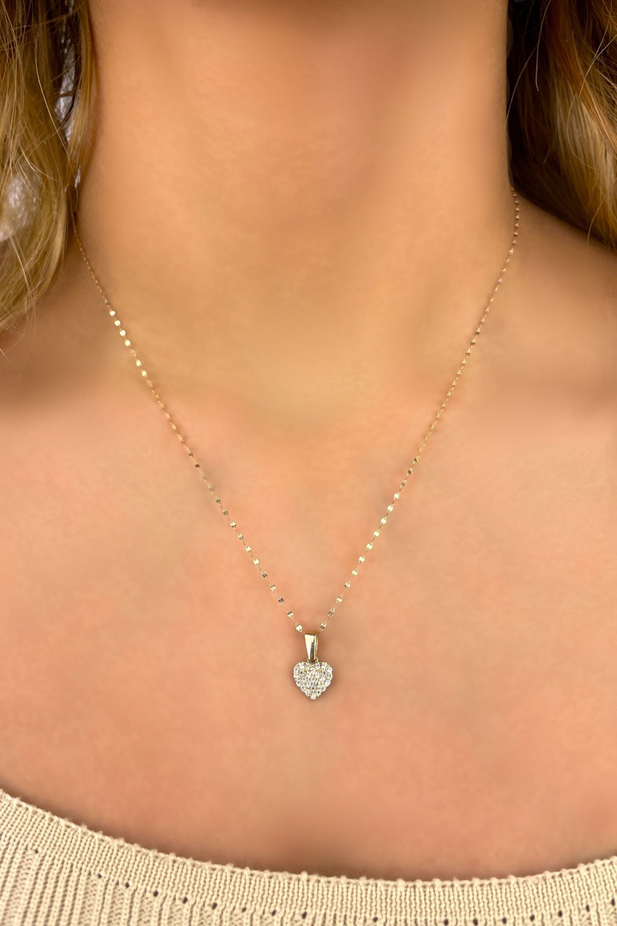 Aynalı Zincirli Taşlı Kalp Altın Kolye 14KLY8965 - 2