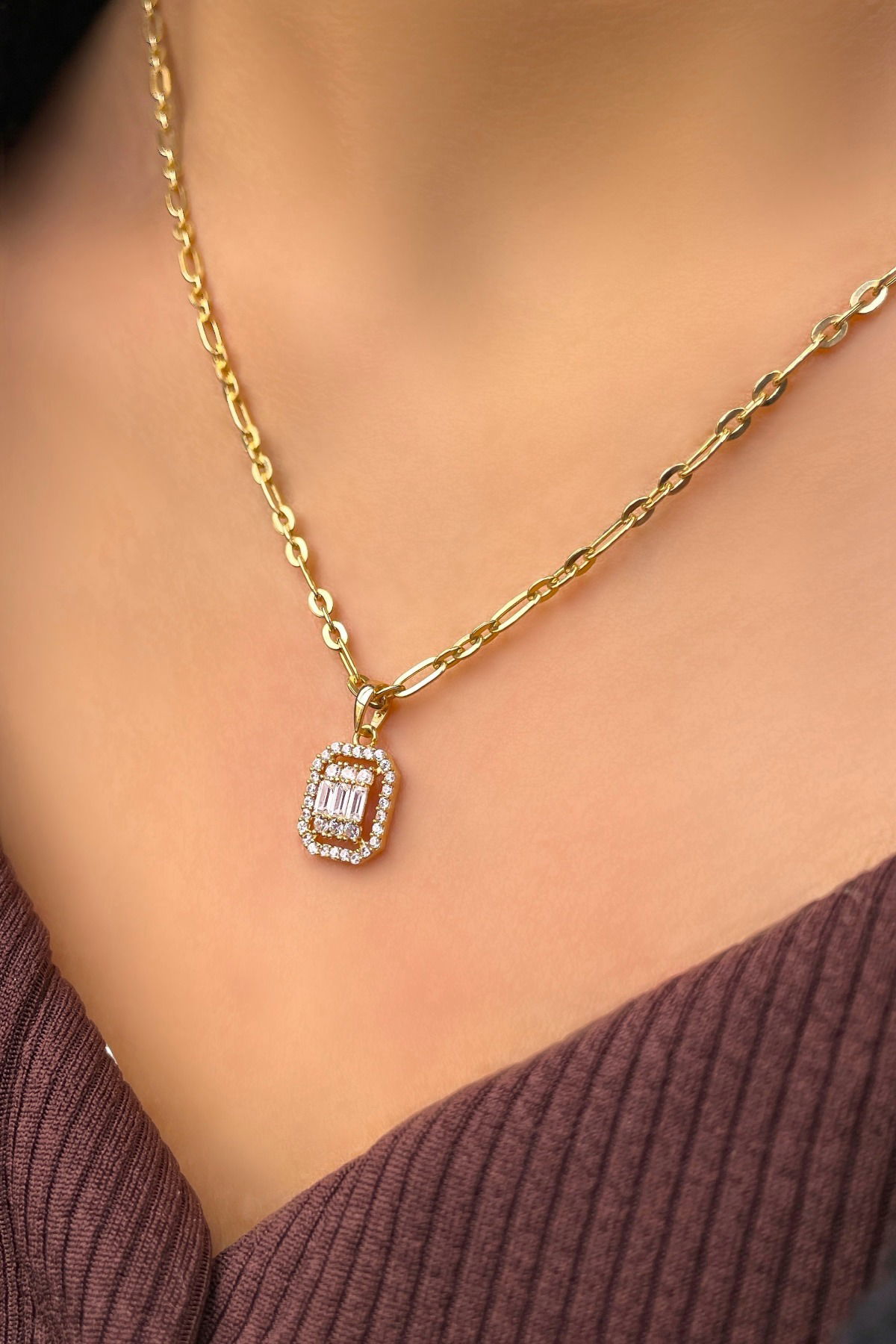 Baget Taşlı Altın Kolye 8KLY8876 - 1