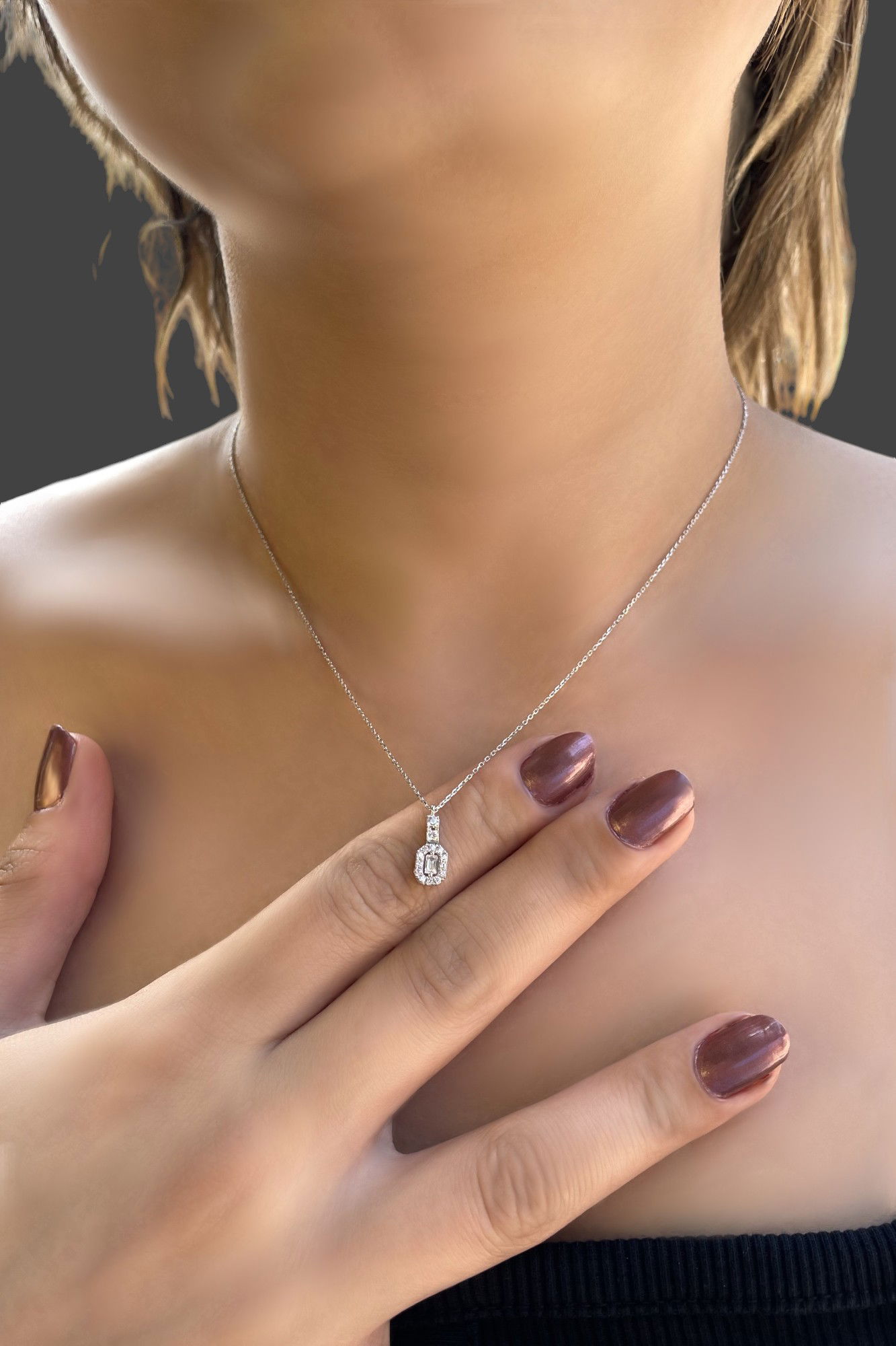 Baget Taşlı Beyaz Altın Kolye 8KLY1252 - 1