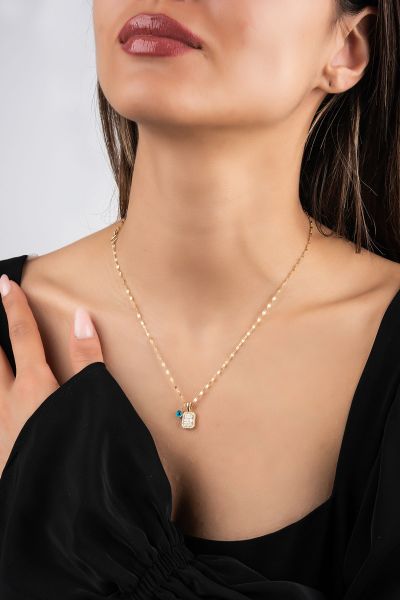 Baget Taşlı Nazar Boncuklu Altın Kolye 14KLY006 - Altınaşkı