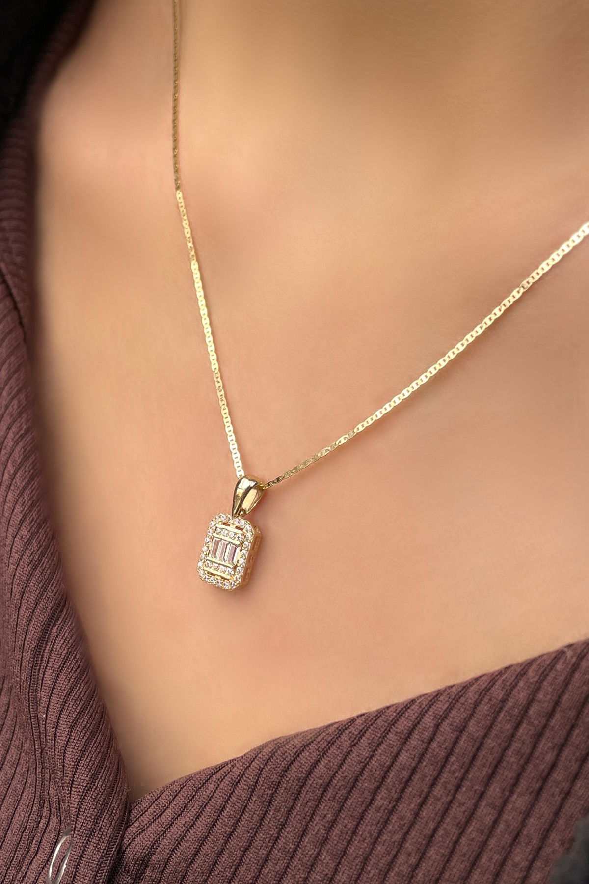 Baget Taşlı Parlak Zincirli Altın Kolye 14KL9585 - 1