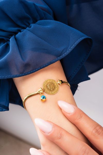 Çeyrek Altınlı Balıksırtı Zincirli Altın Bileklık 14KNY908 - Altınaşkı