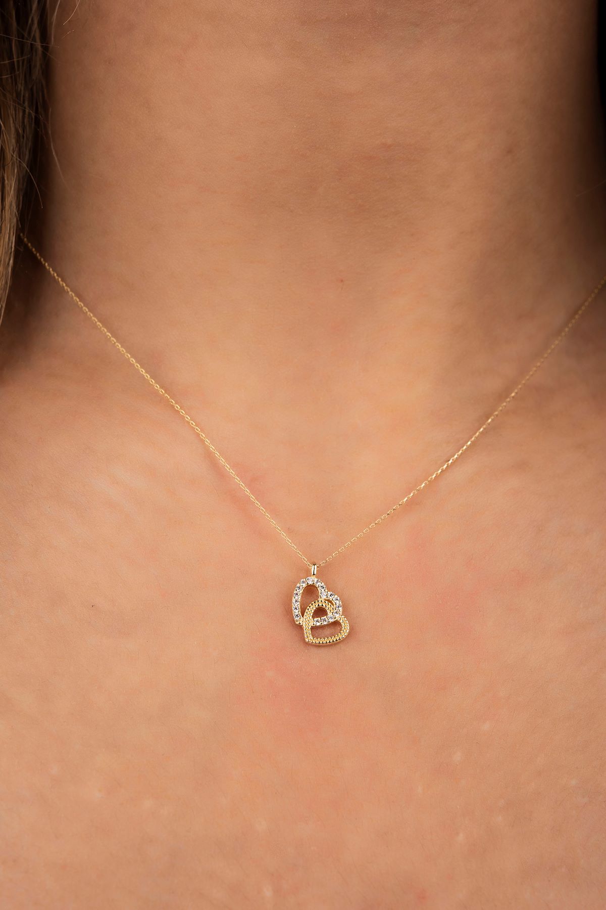 Çift Kalpli Hayalet Altın Kolye 8KLY743 - 2