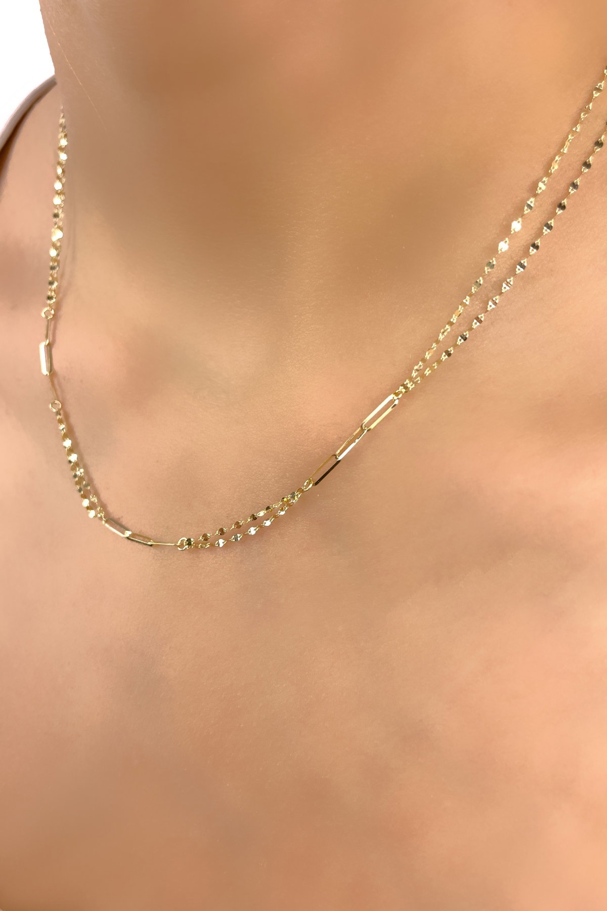 Çift Zincir Aynalı Altın Kolye 14KLY1165 - 1