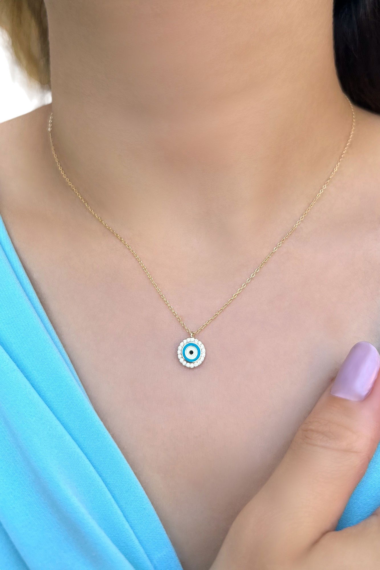 Firuze Nazar Taşlı Hayalet Altın Kolye 8KLY886 - 1