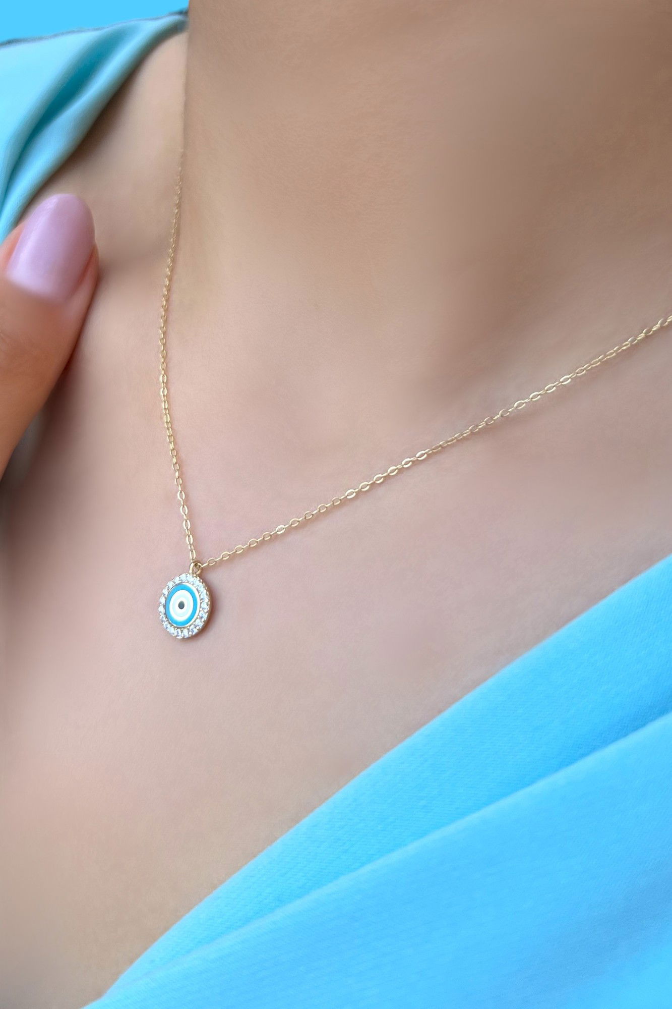 Firuze Nazar Taşlı Hayalet Altın Kolye 8KLY886 - 2