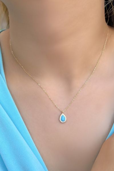 Firuze Taşlı Damla Altın Hayalet Kolye 8KLY880 - Altınaşkı