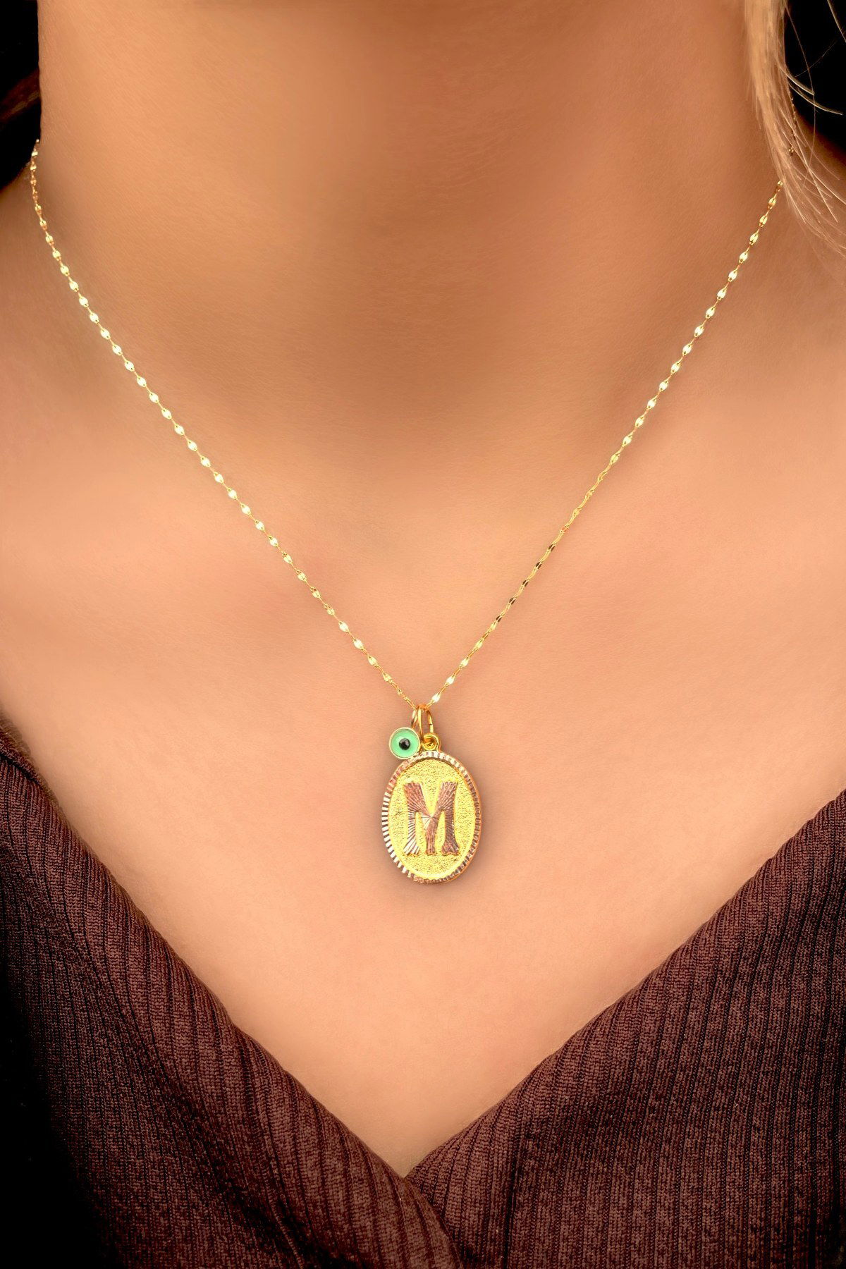 Göz Boncuklu Nostaljik Harfli Aynalı Zincir Altın Kolye 14KLY1243 - 1