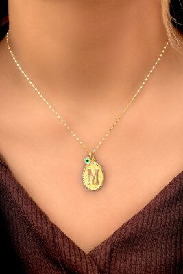 Göz Boncuklu Nostaljik Harfli Aynalı Zincir Altın Kolye 14KLY1243 - 1