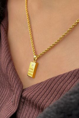 Halat Zincirli Külçe Altın Kolye 14KLY9078 - 1