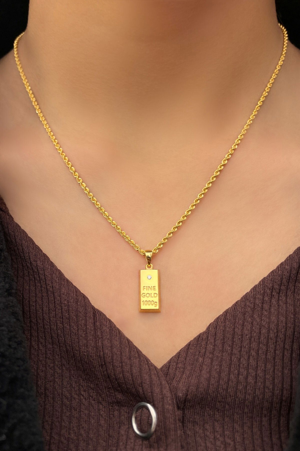 Halat Zincirli Külçe Altın Kolye 14KLY9078 - 2