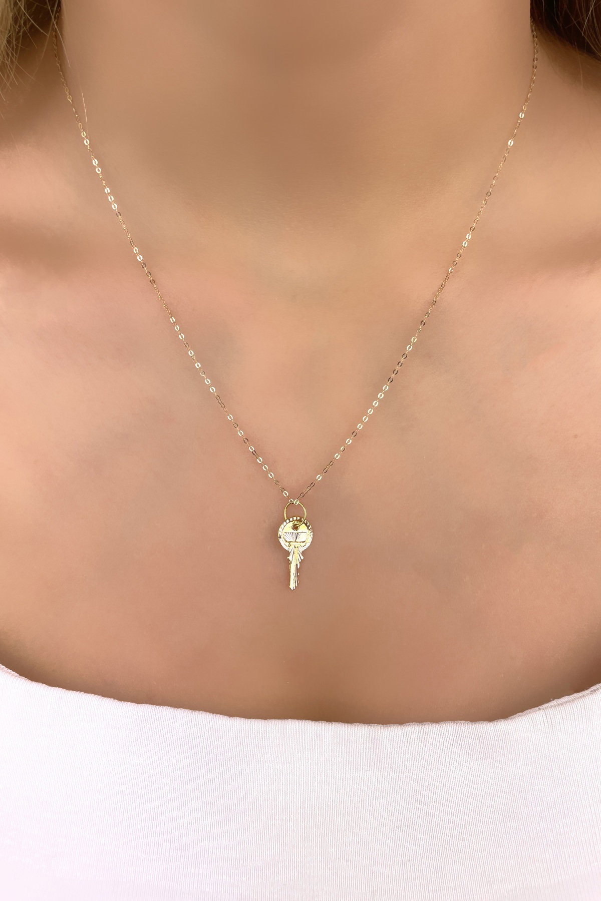 Halka Zincirli Anahtar Altın Kolye 14KLY7896 - 3