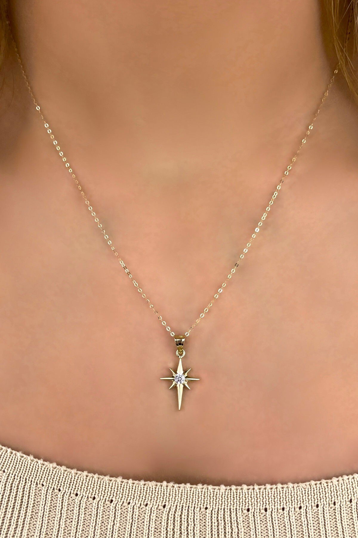 Halka Zincirli Taşlı Kuzey Yıldızı Altın Kolye 14KLY5432 - 2