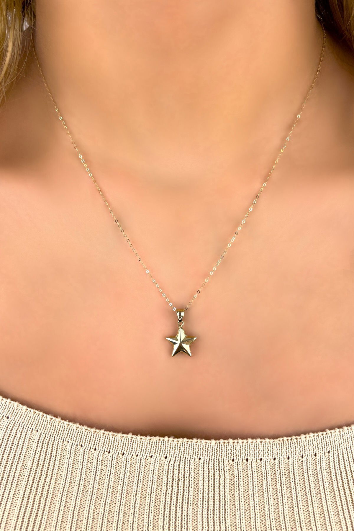 Halka Zincirli Yıldız Altın Kolye 14KLY4563 - 2