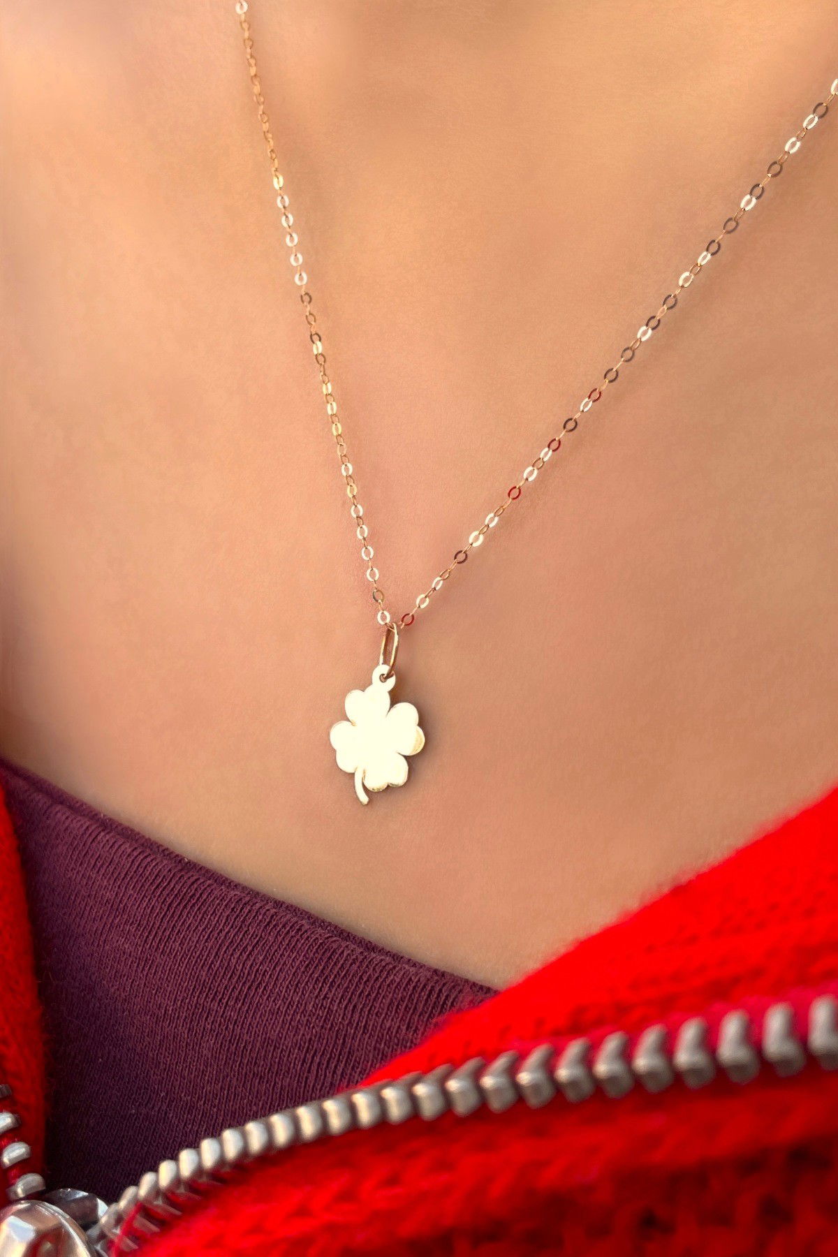 Halka Zincirli Yonca Altın Kolye 14KLY784 - 1