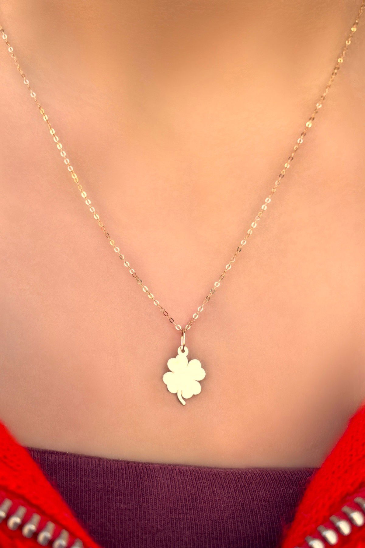 Halka Zincirli Yonca Altın Kolye 14KLY784 - 2