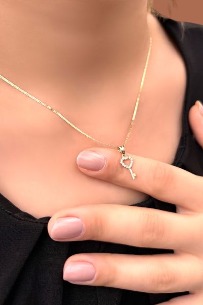 Kalp Anahtarlı Parlak Altın Kolye 14KLY2020 - Altınaşkı