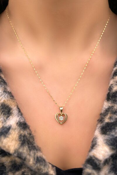 Kalp Uçlu Aynalı Zincirli Altın Kolye 14KLY4154 - Altınaşkı