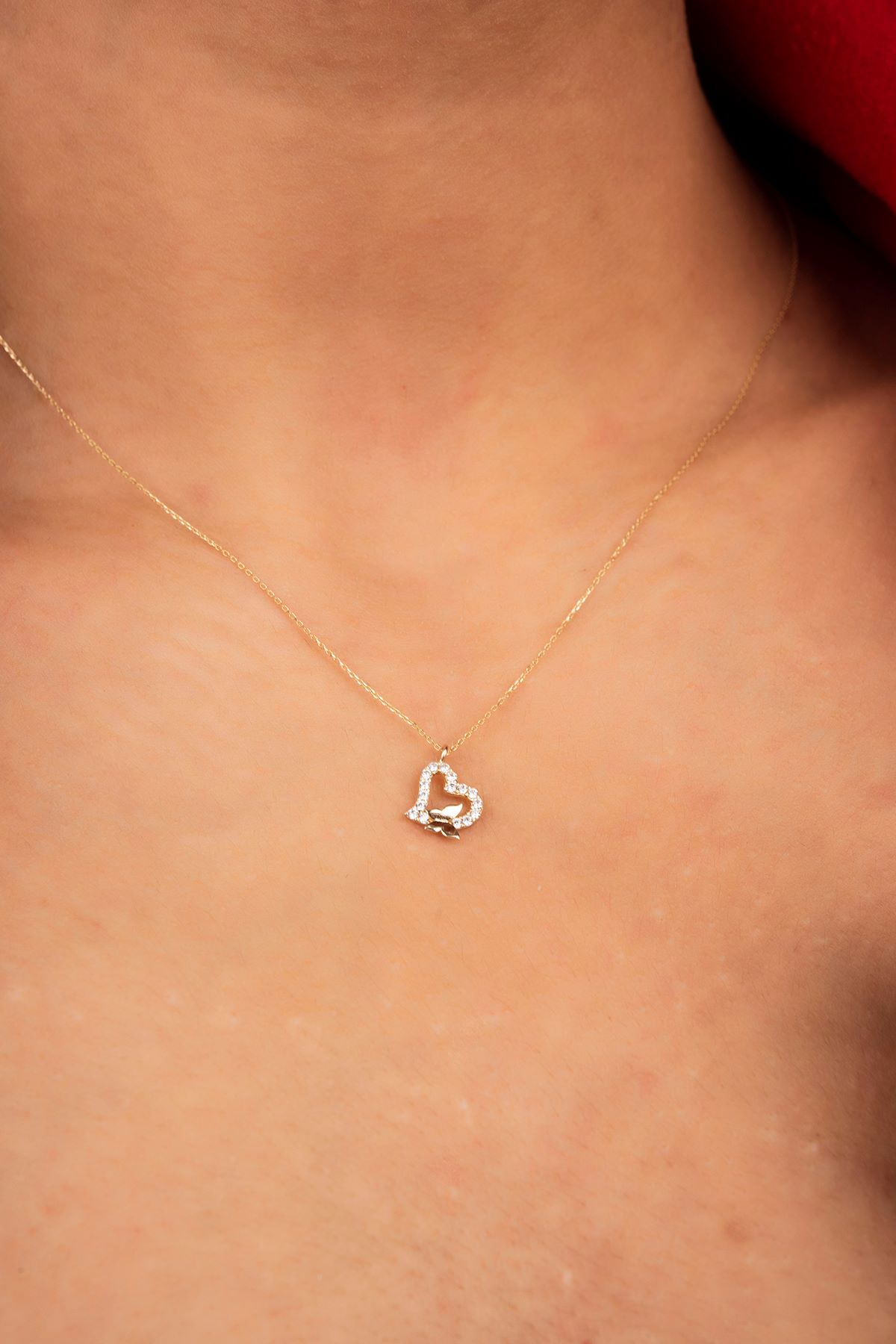 Kelebekli Kalp Hayalet Altın Kolye 8KLY791 - 2