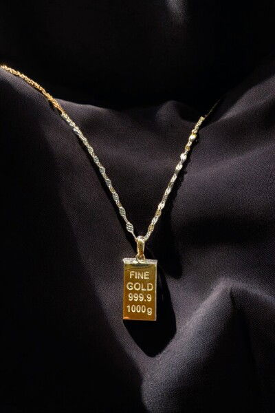 Külçe Altınlı Aynalı Zincirli Altın Kolye 14KLY5890 - Altınaşkı