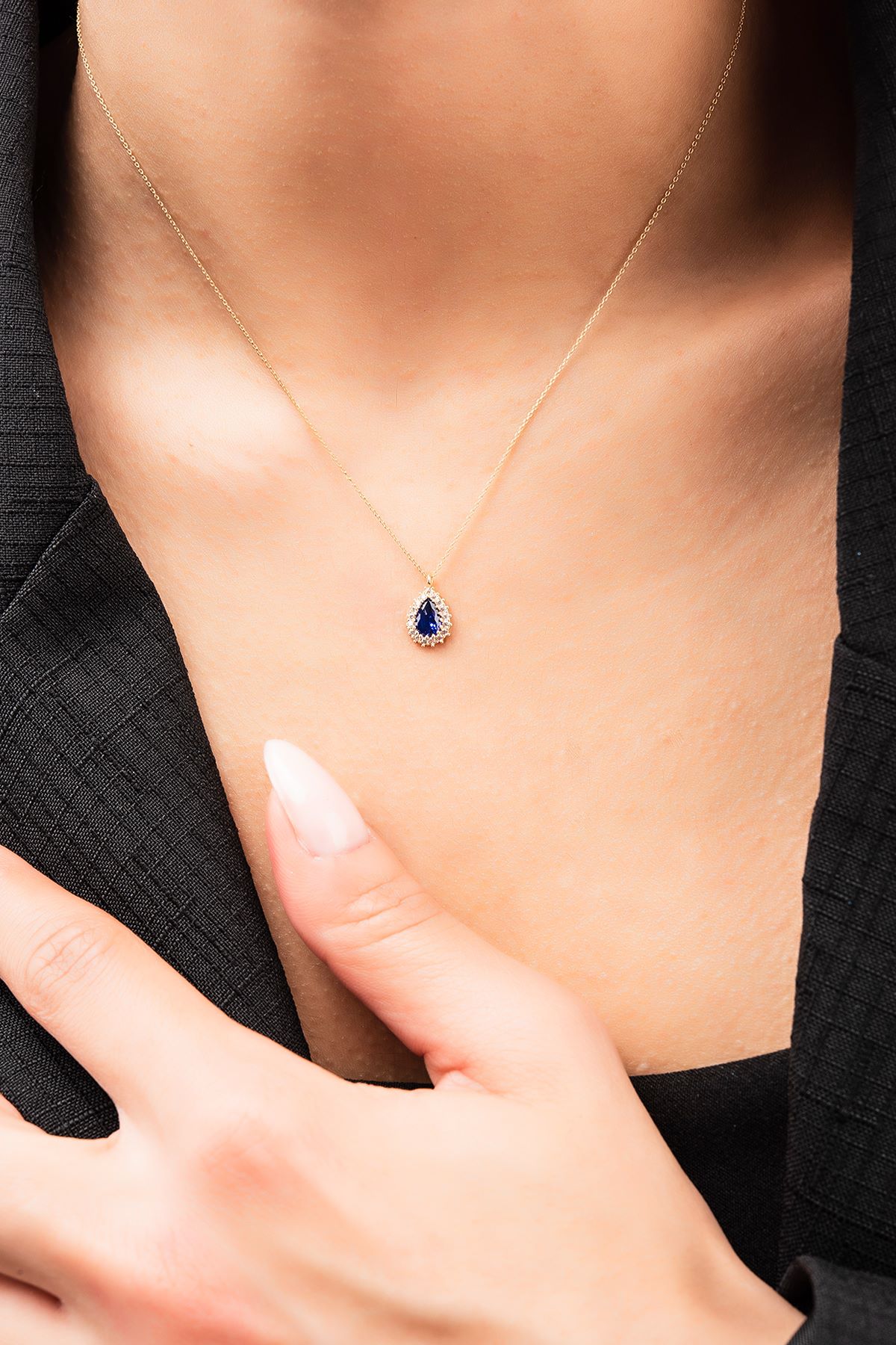 Lacivert Taşlı Damla Hayalet Altın Kolye 8KLY761 - 1