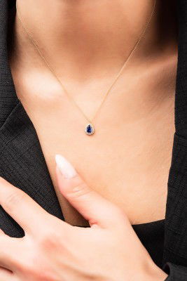 Lacivert Taşlı Damla Hayalet Altın Kolye 8KLY761 - 1