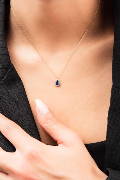 Lacivert Taşlı Damla Hayalet Altın Kolye 8KLY761 - Altınaşkı